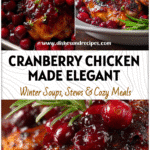 Juicy dark chicken glazed with whole cranberries plated for an elegant winter dinner.